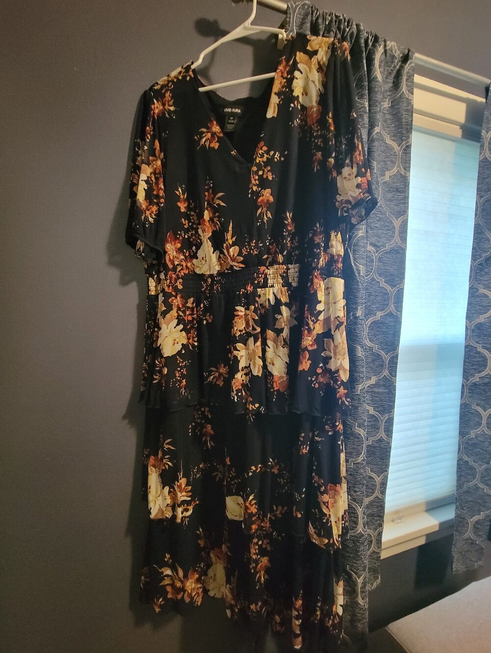 Tiered V-Neck Midi Dress in Navy with Cream and Orange Floral Print